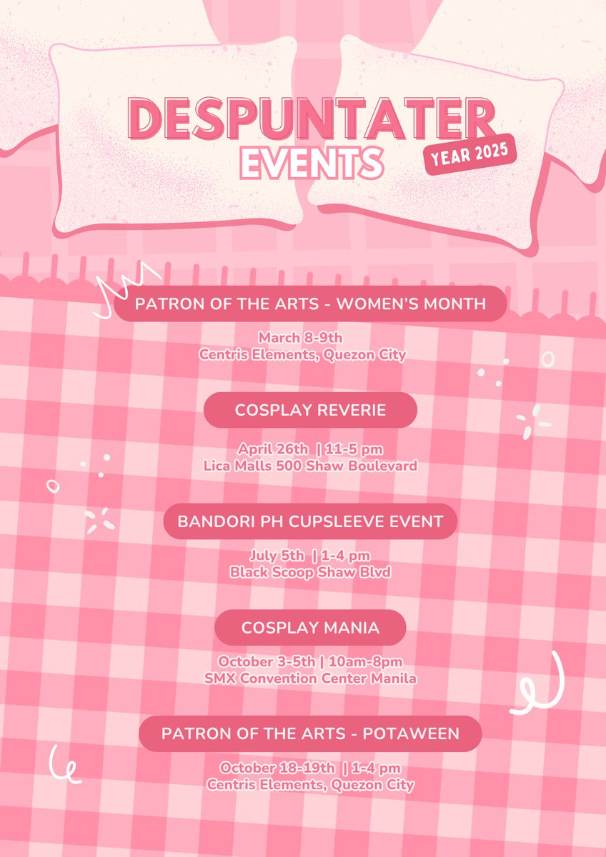 🗓️𝐍𝐄𝐖 𝐄𝐕𝐄𝐍𝐓 𝐂𝐀𝐋𝐄𝐍𝐃𝐀𝐑!🗓️
Hope to see you at some of these events! ✧｡٩(ˊᗜˋ )و✧*｡

This coming saturday will be the 𝐂𝐮𝐩𝐬𝐥𝐞𝐞𝐯𝐞 𝐄𝐯𝐞𝐧𝐭 𝐟𝐨𝐫 𝐁𝐚𝐧𝐝𝐨𝐫𝐢'𝐬 𝟏𝟎 𝐀𝐧𝐧𝐢𝐯𝐞𝐫𝐬𝐚𝐫𝐲! Will be posting the catalogue within the week! 🩷
