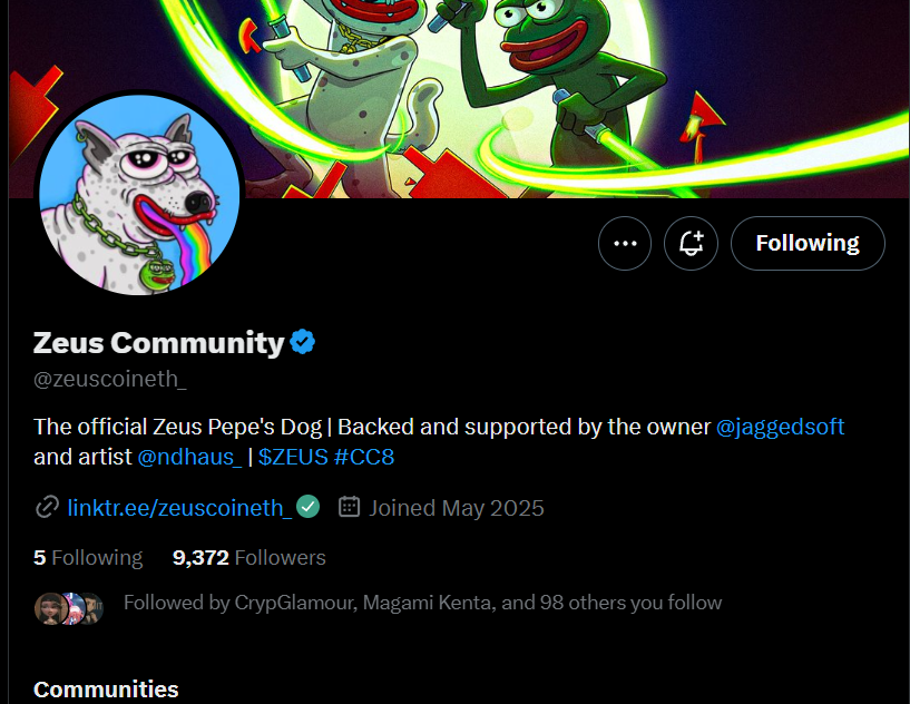 Anyone notice the “Parody” tag is gone? Looks like X finally recognizes the one true Zeus, gearing up to lead this cycle’s bull run! Who’s with me? 🚀 #CC8