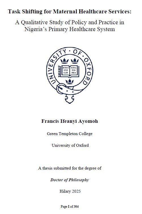 ayomohfi's tweet photo. I am delighted to share that I recently defended my doctoral thesis and passed with minor corrections at the @UniofOxford.
I’m grateful to @commschols for funding my doctoral studies.
#Taskshifting #PHC #maternalhealth
@OxPrimaryCare @greentempleton
https://t.co/lVWurA7Nj8 https://t.co/iy27LklHOQ
