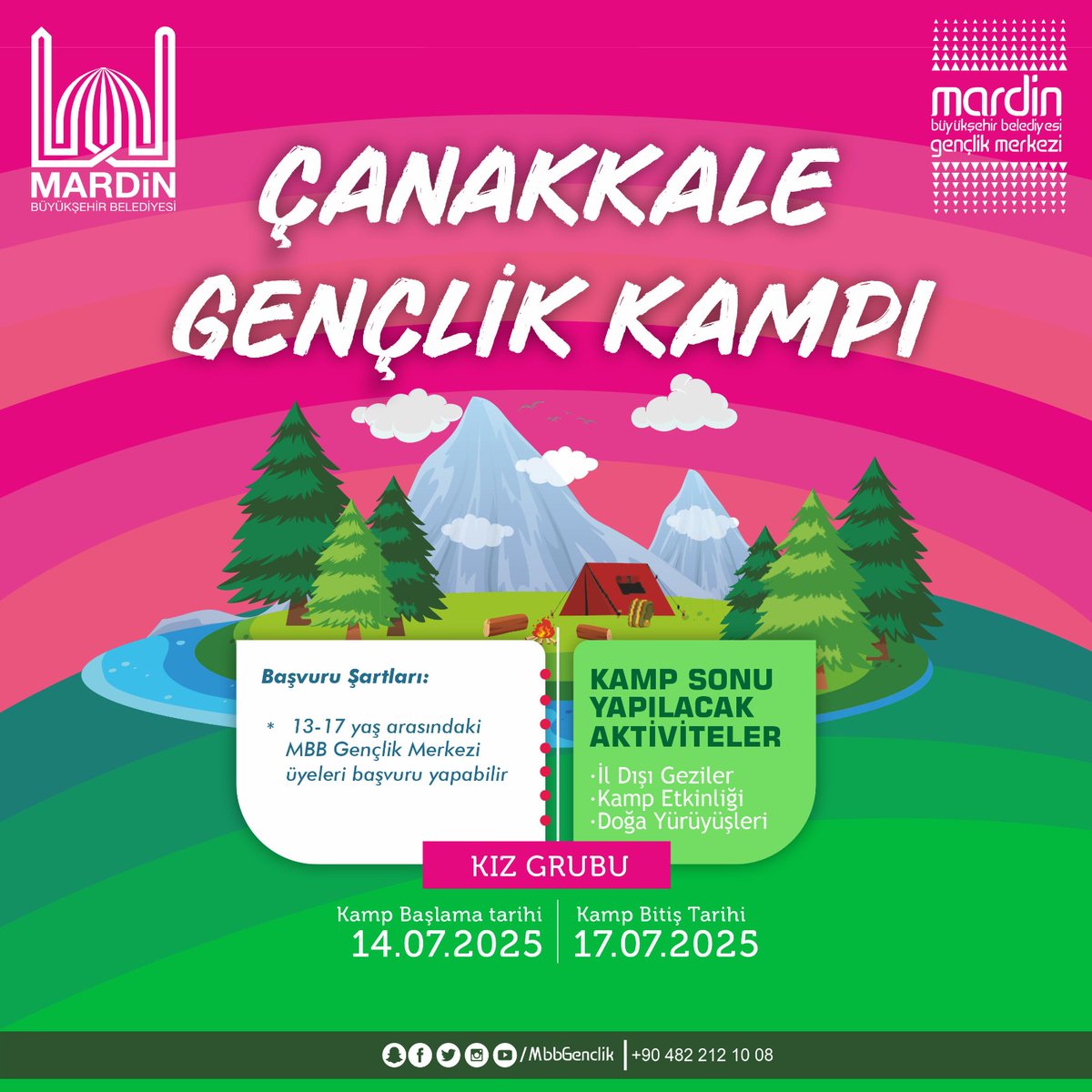 Tarihin izini sürmek ve Çanakkale ruhunu hissetmek isteyen gençler için düzenlenen Çanakkale Gençlik Kampına başvurular için sizleri gençlik merkezine bekliyoruz. ☺️

13 Temmuz -17 temmuz tarihlerinde düzenlenecek Çanakkale kampına başvurular devam ediyor. 👩‍🎓👨‍🎓

<a href="/MbbGenclik/">MBB Gençlik Merkezi</a>