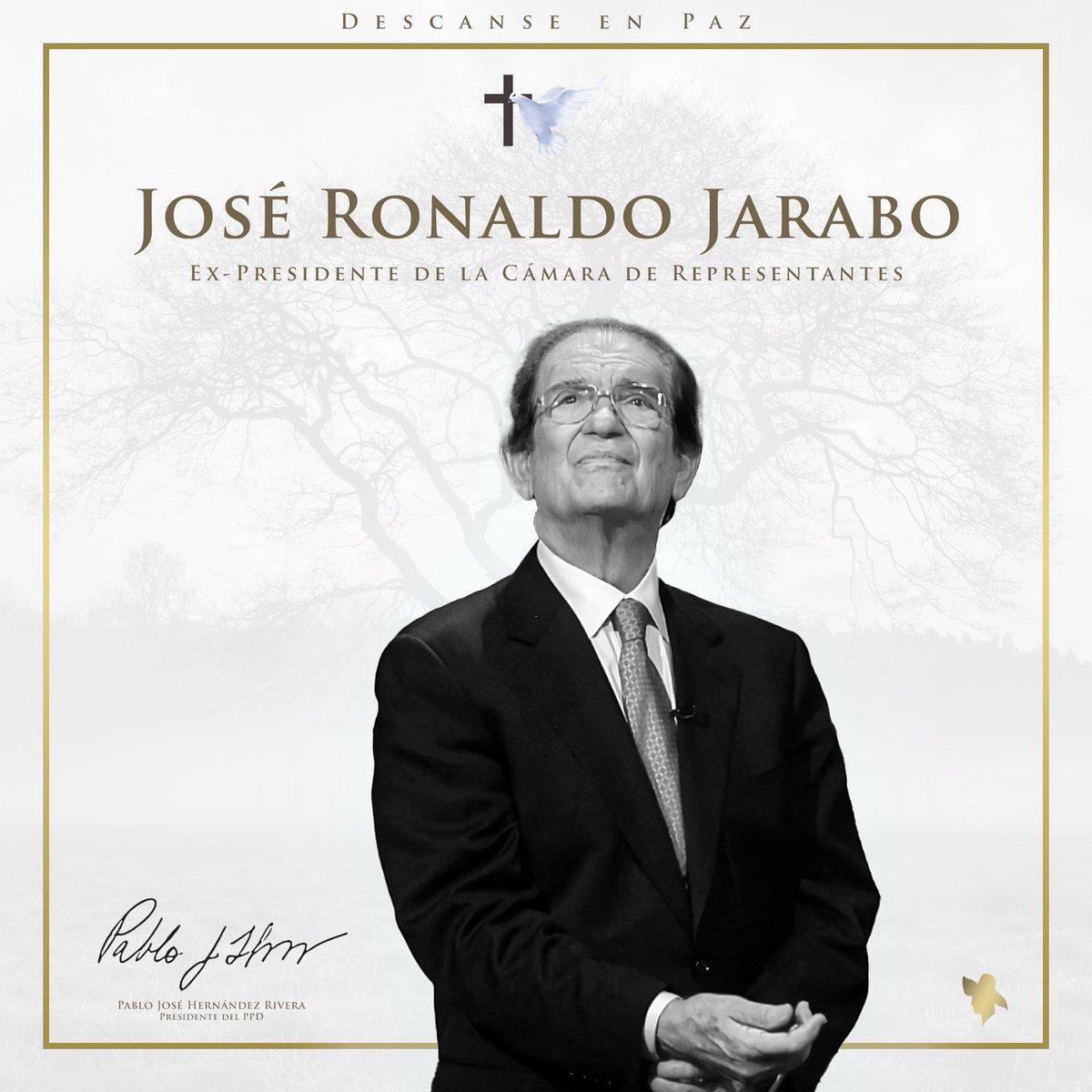 ppdpr's tweet photo. El Partido Popular Democrático lamenta el fallecimiento de José Ronaldo Jarabo, quien presidió la Cámara de Representantes durante la administración del Hon. Rafael Hernández Colón. Rony será recordado por su conocimiento parlamentario y su elocuencia sin igual. Que descanse en paz. 🖤🕊️