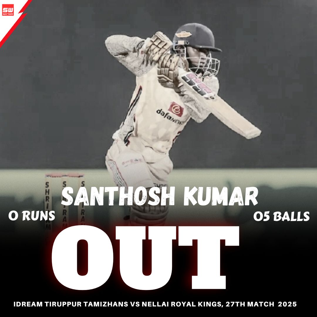 mysportswiz's tweet photo. OUT! Santhosh Kumar departs for a duck!
Faced 5 balls but couldn’t open his account — a tough outing for the batter today.
IDream Tiruppur Tamizhans vs Nellai Royal Kings
27th Match | TNPL 2025.
https://t.co/pHmnsb7OTj
#SMohamedAli #TNPL2025 #ITTvsNRK #Finisher #QuickKnock #SportsWiz #CricketUpdates#RahulDravid #Hardik #Seth #Benfica #RohitSharma #MLC2025 #SportsWiz #TNPL2025 #InningsBreak #TamizhansVsRoyals #CricketFever #T20Thriller #FairPlay #SWsportswale
