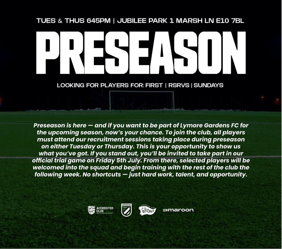assistant manager of lymore gardens fc (@gaffergreen) on Twitter photo Want to play for Lymore Gardens FC?
π Tues & Thurs, 6:45PM @ Jubilee Park, E10 7BL
β½οΈ First | Reserves | Sundays
π₯ Only those who attend preseason will be eligible for the trial game on Saturday 6th July
<a href="/LymoreGardensFC/">Lymore Gardens FC.</a> Want to play for Lymore Gardens FC?
π Tues & Thurs, 6:45PM @ Jubilee Park, E10 7BL
β½οΈ First | Reserves | Sundays
π₯ Only those who attend preseason will be eligible for the trial game on Saturday 6th July
<a href="/LymoreGardensFC/">Lymore Gardens FC.</a>