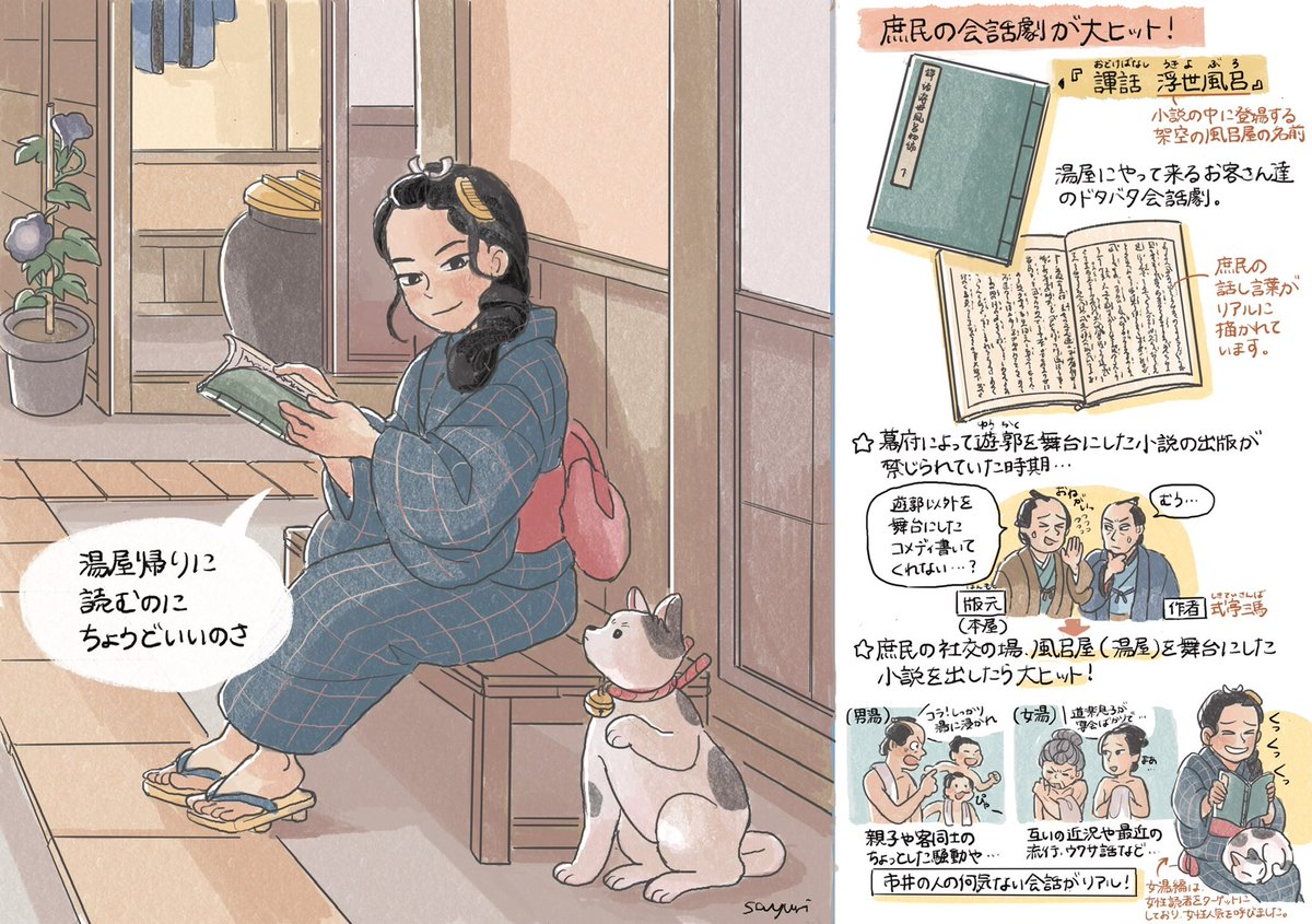 江戸庶民の会話劇だけで展開する小説『浮世風呂（うきよぶろ）』　

湯屋（現代でいう銭湯）を舞台に、
庶民たちが特にオチのない日常会話を繰り広げる本が大ヒットしました♨️

🌟江戸時代の物語をよみとく連載、第8回です！（リプ欄から全編をご覧いただけます）