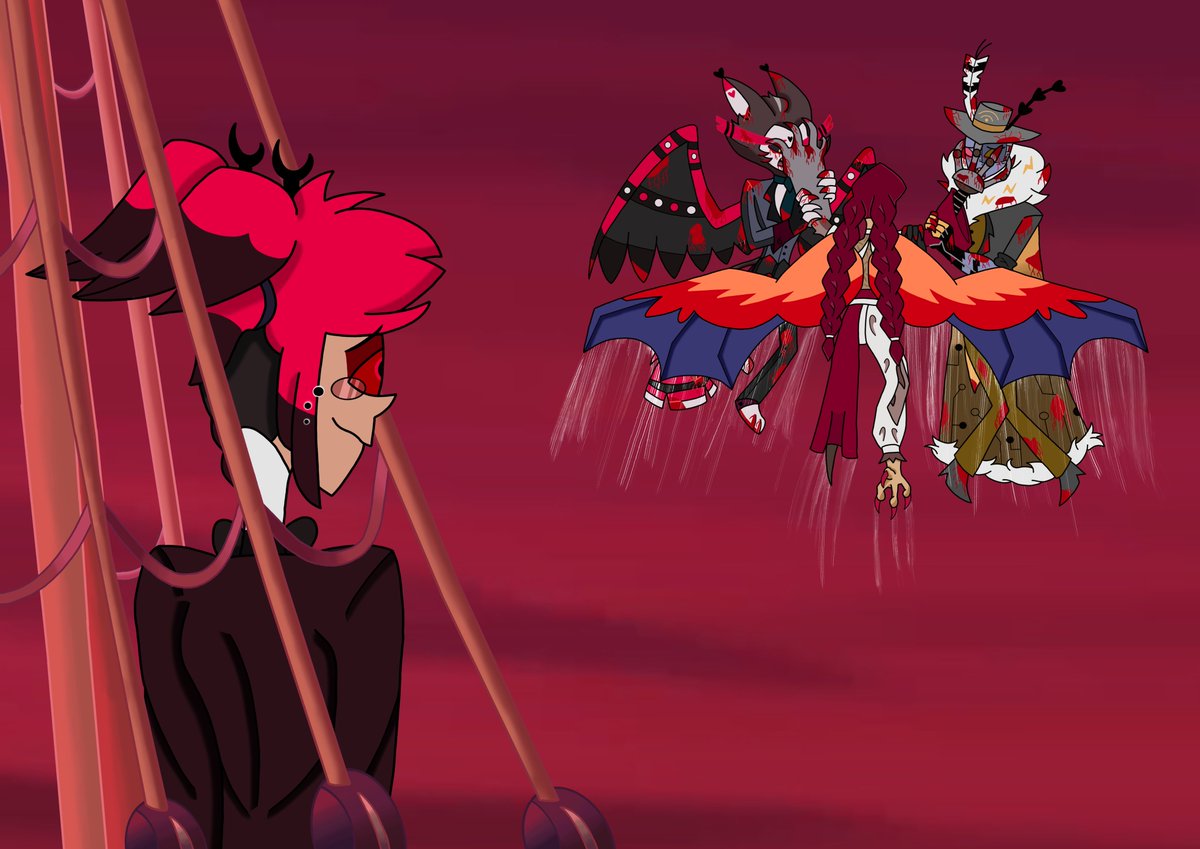 KalipsaPrime's tweet photo. Punishment for Overlords!!
I'm not somehow happy with this fanart. But since I've already done it, I'll post it.

#rustyhotel #hazbinhotel #alastor #Husk  #Valentino  #fanart #art #edit #blood #pain https://t.co/7zrLVlPvNh