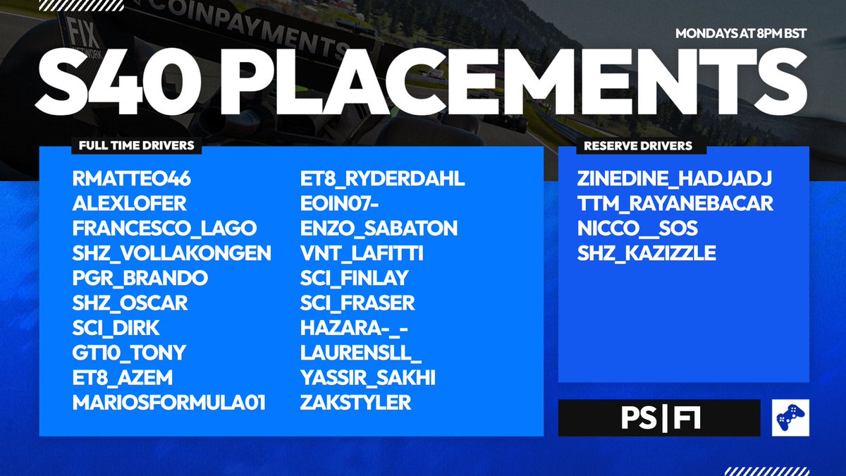 PSGL S40 Placements 
PS | F1 

Proud to earn my spot in F1 and to represent <a href="/VentauriVNT/">VENTAURI</a> in PlayStation’s most competitive league. Let’s get to work!