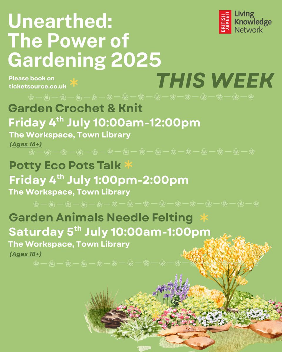 Here are the events happening this week for the Unearthed : The Power of Gardening 2025 exhibition, in coordination with The British Library Living Knowledge Network. 

Please book for events through ticketsource.co.uk/jersey-library

#jerseylibraryci #unearthed #gardening #exhibition