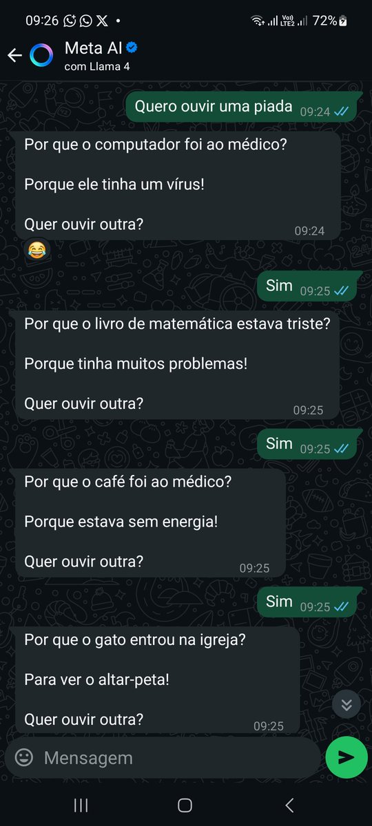 🙈 Guando voce não tem o que fazer 
Aí você resolve ler as piadas  do META AI <a href="/Meta/">Meta</a>