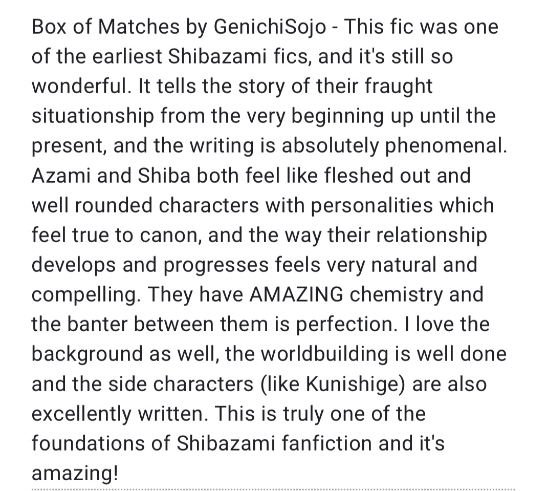 #258

Box of Matches | M | Shibazami | multichapter, complete | 12.3k | author: GenichiSojo

archiveofourown.org/works/52983253…