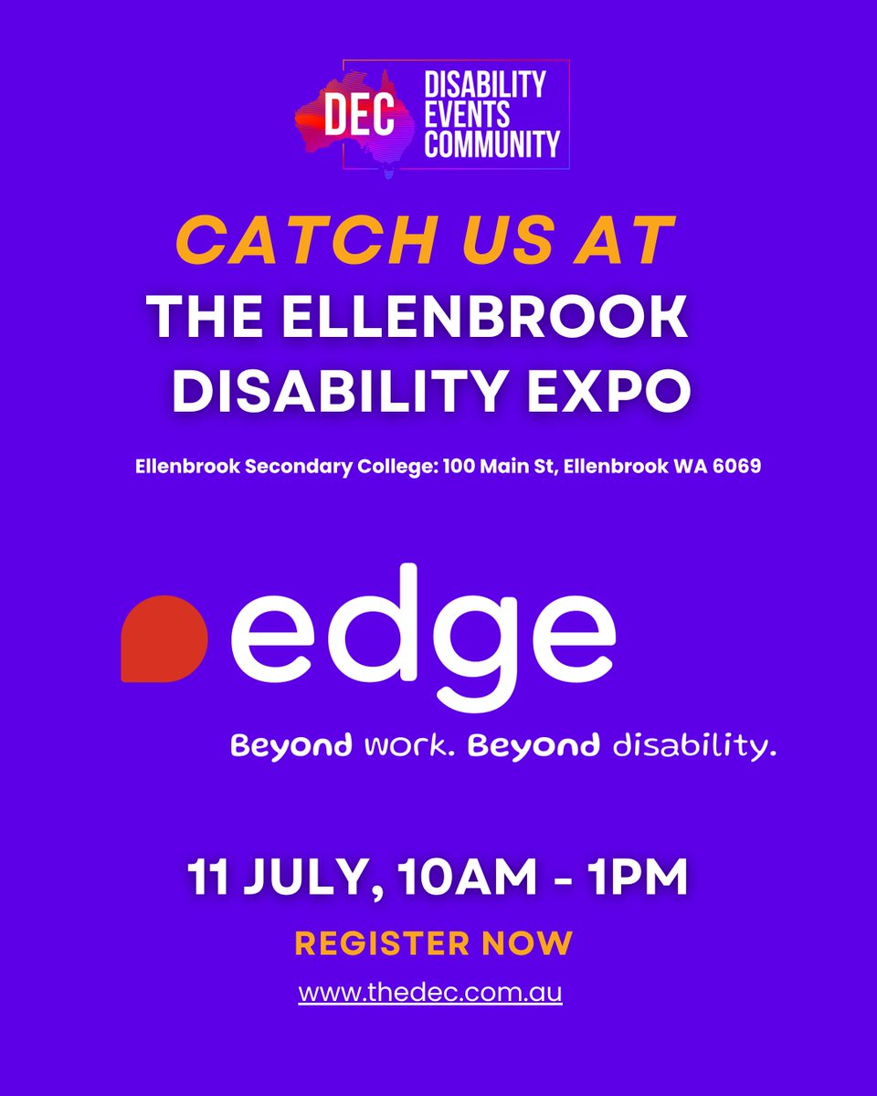 EdgeEmployment's tweet photo. Catch us at the Ellenbrook Disability Expo!

📍Ellenbrook Secondary College 
 📅11 July
⏲️10AM – 1PM
🤝 Whether you're looking for support or want to connect, we look forward to meeting you.

Register- https://t.co/awlzmM1cZT
#EdgeEmployment #NDIS #DisabilitySupport https://t.co/gRDvzOZv0R