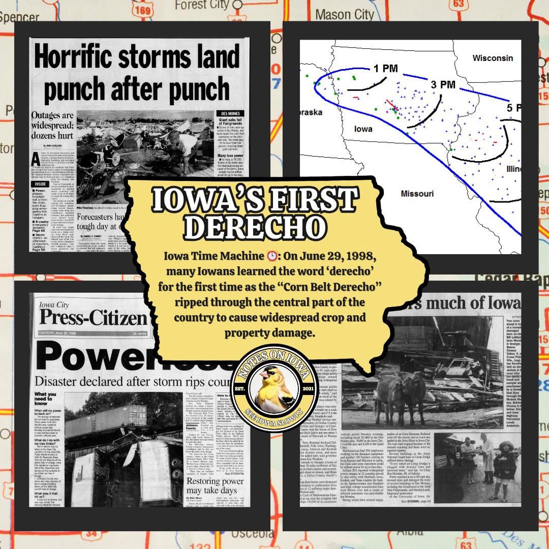 notesoniowa's tweet photo. Do you remember the derecho before THE derecho?

On June 29, 1998, many Iowans learned the word ‘derecho’ for the first time as the “Corn Belt Derecho” ripped through the central part of the country to cause widespread crop and property damage. https://t.co/3zeNimPh3a