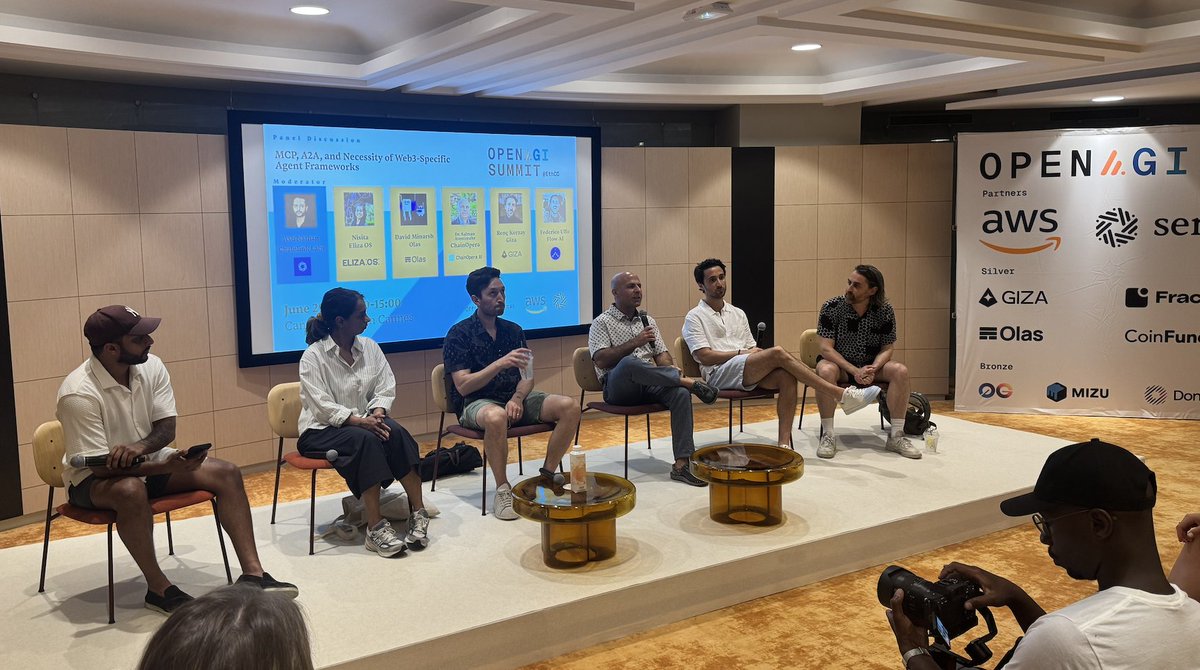 openagisummit's tweet image. On stage now at the Open AGI Summit: MCP, A2A, and the Necessity of Web3-Specific Agent Frameworks.

Moderated by @_AshNathan from @chainlinklabs, this discussion brings together a standout lineup of speakers:

@niisita (Eliza OS)
@david_enim (@autonolas)
@avestime…