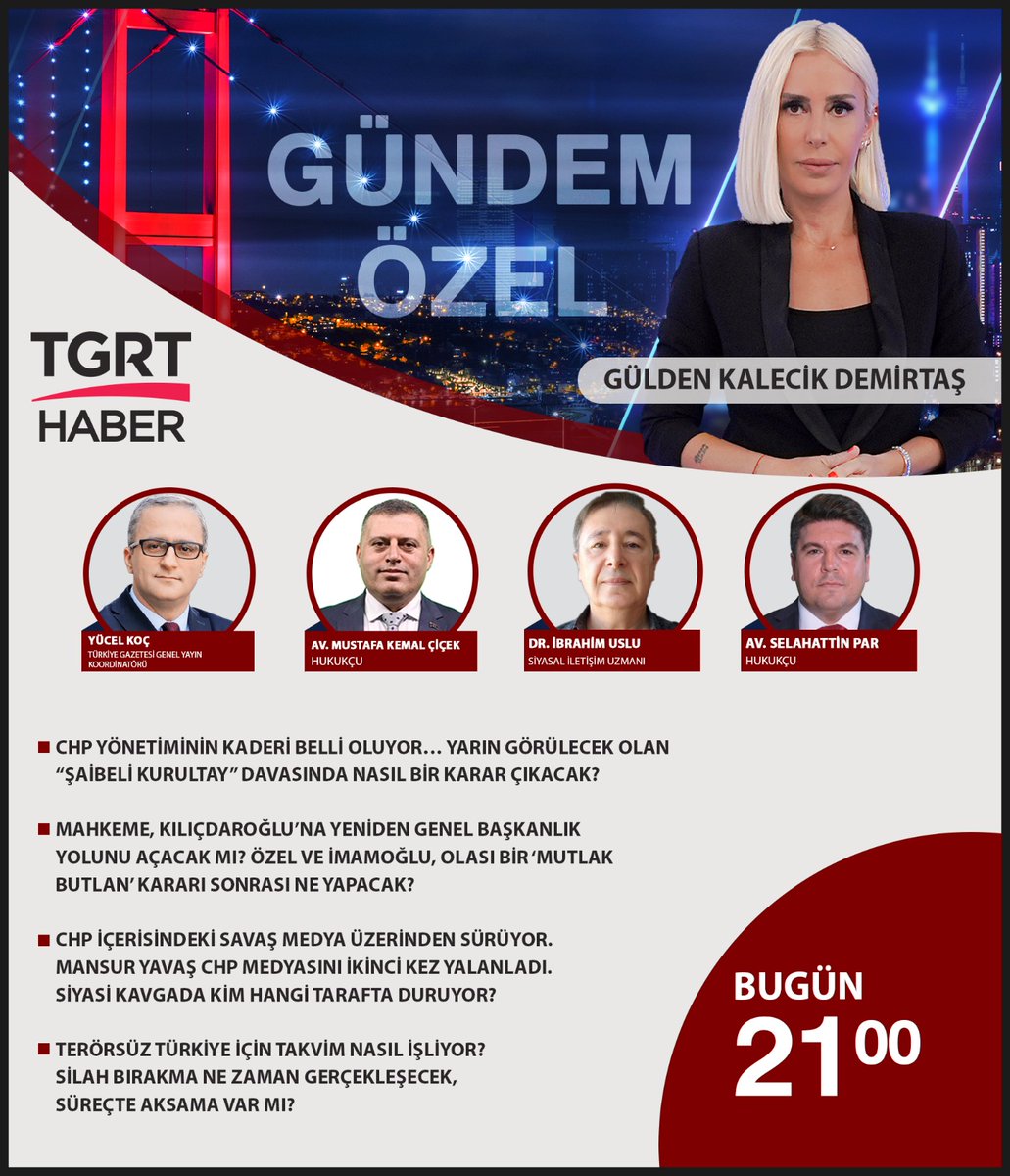 📌CHP yönetiminin kaderi belli oluyor... Yarın görülecek olan ''Şaibeli Kurultay'' davasında nasıl bir karar çıkacak?

📌Mahkeme, Kılıçdaroğlu'na yeniden Genel Başkanlık yolunu açacak mı? Özel ve İmamoğlu, olası bir 'mutlak butlan' kararı sonrası ne yapacak?

📌CHP içerisindeki
