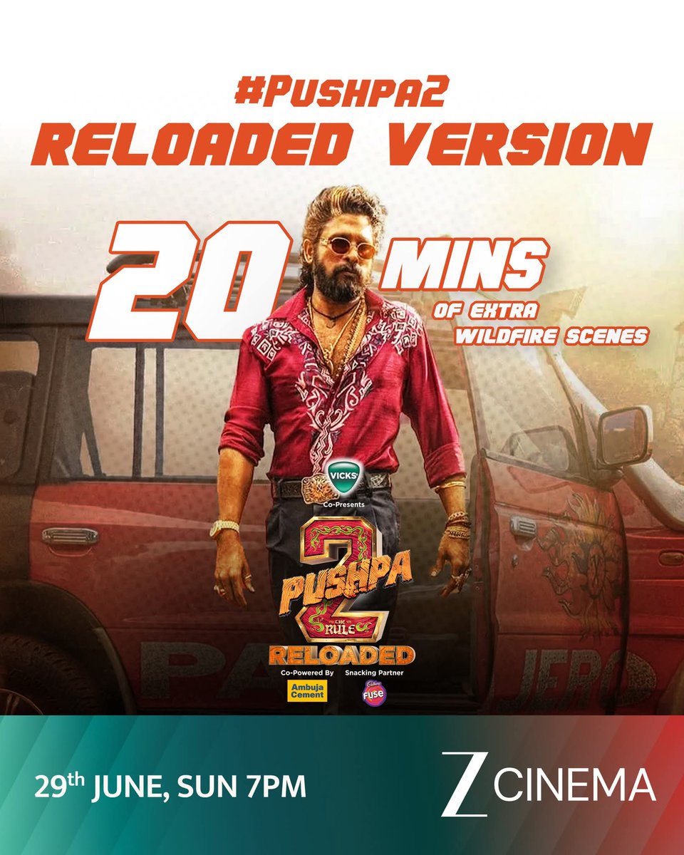 CineBuff2003's tweet photo. Extra 20 mins of wildfire entertainment!
Don’t miss Pushpa 2: Reloaded, 29th June, 7 PM on #ZeeCinema.

#Pushpa2Reloaded #TVParPehliBaar #Pushpa2ReloadedOn29June
#Pushpa2ReloadedOnZeeCinema #AlluArjun #RashmikaMandanna #FahadhFassil #Sukumar https://t.co/snKZ4uqZxs