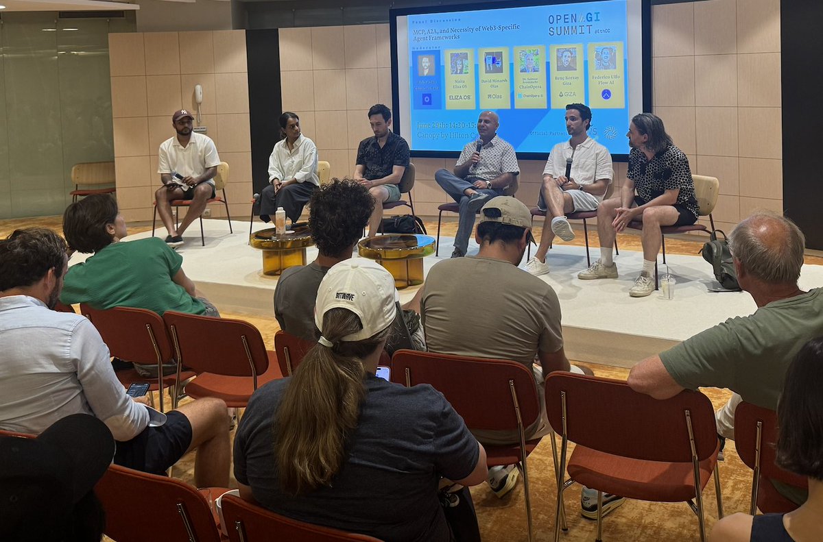openagisummit's tweet image. On stage now at the Open AGI Summit: MCP, A2A, and the Necessity of Web3-Specific Agent Frameworks.

Moderated by @_AshNathan from @chainlinklabs, this discussion brings together a standout lineup of speakers:

@niisita (Eliza OS)
@david_enim (@autonolas)
@avestime…