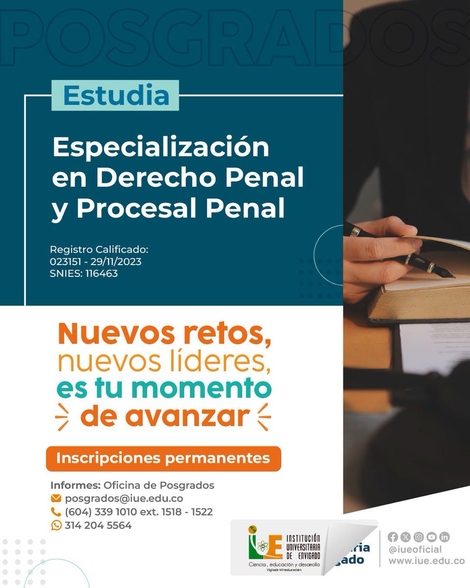 IUEOficial's tweet photo. Fortalece tus competencias en Derecho Penal y Procesal Penal, y prepárate para enfrentar los desafíos del sistema judicial con criterio, ética y rigor, consulta toda la información en 👉🏽  https://t.co/VPdvm0NHtf 

📌 Inscríbete hasta el 11 de julio en 👉🏽 https://t.co/fcSUL6ZAf0 https://t.co/qAi14h68Wj