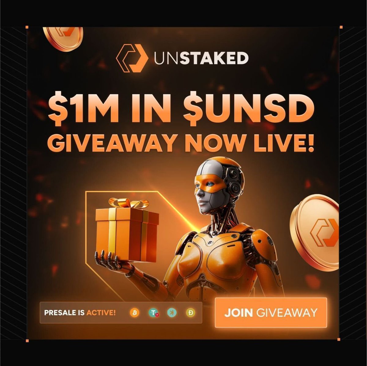 🚀 $1,000,000 GIVEAWAY IS LIVE! 🪙 

To celebrate the rise of Unstaked, we're launching our first competition yet, and it's worth a jaw-dropping $1,000,000 in total prizes!  

🎉 20 lucky winners will claim their share of the future of DeFi.  
🏆What You’ll Win:
💸 $1,000,000