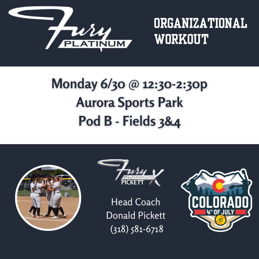 Fury Platinum X - Pickett (@fpxpickett) on Twitter photo Our <a href="/COSparkFire/">CO 4th of July</a> journey kicks off tomorrow with <a href="/FuryPlatinum/">FuryPlatinumSoftballClub</a> organizational workout @ Aurora Sports Park. Come watch! <a href="/triplecrownspts/">Triple Crown Sports</a> Our <a href="/COSparkFire/">CO 4th of July</a> journey kicks off tomorrow with <a href="/FuryPlatinum/">FuryPlatinumSoftballClub</a> organizational workout @ Aurora Sports Park. Come watch! <a href="/triplecrownspts/">Triple Crown Sports</a>