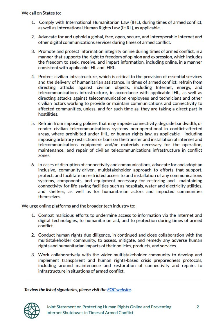 Paradigm Initiative (PIN) (@paradigmhq) on Twitter photo The <a href="/FO_Coalition/">Freedom Online Coalition</a> has released a landmark Joint Statement on Protecting Human Rights Online and Preventing Internet Shutdowns in Times of Armed Conflict.
Endorsed by 29 Members and one Observer, the statement affirms the importance of a global, free, open, secure and The <a href="/FO_Coalition/">Freedom Online Coalition</a> has released a landmark Joint Statement on Protecting Human Rights Online and Preventing Internet Shutdowns in Times of Armed Conflict.
Endorsed by 29 Members and one Observer, the statement affirms the importance of a global, free, open, secure and