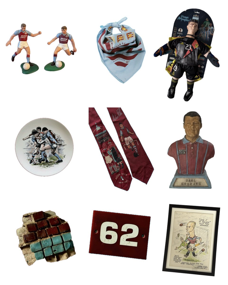 Villa tat #avfc

1. Platt and Cowans figures, 1990
2. Milosevic bandana, 1995
3. Martinez Argentina doll, 2024
4. AVFC v MUFC Plate, 1990
5. Two Villa ties, 1950s
6. McGrath figure, 1994
7. Trinity Road mosaic, 2000
8. Turnstile number, 2010s
9. Billy Walker print, 1950s