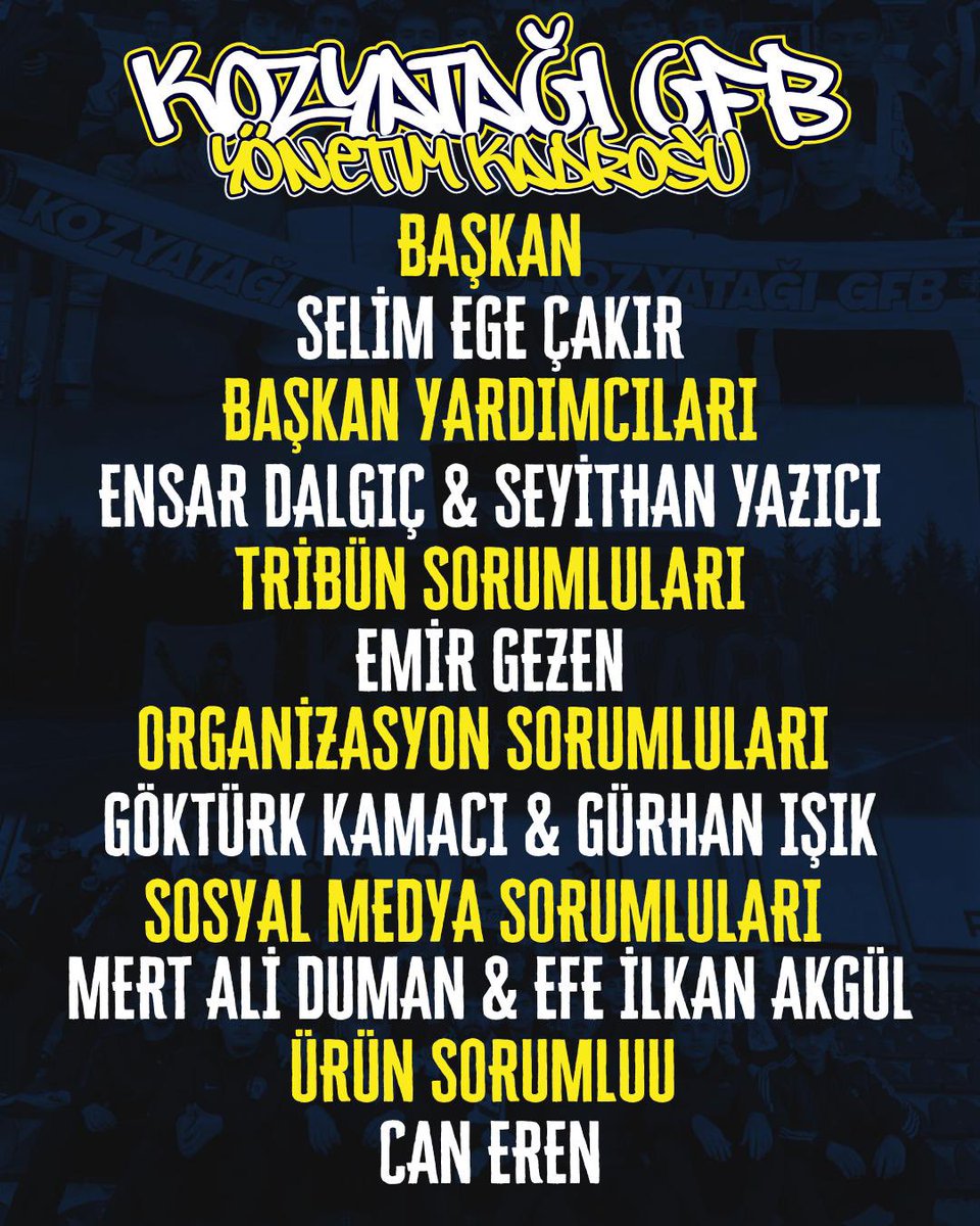 Kozyatağı GFB 25-26 sezonu yönetim kadrosu.

Geçmiş dönemde yönetimimizde görev alan tüm kardeşlerimize teşekkür eder, yönetime yeni giren kardeşlerimize başarılar dileriz.
#KozyatağıGfb