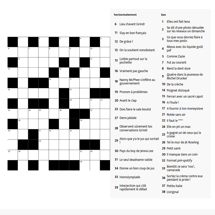 Polamath's tweet image. Nouvelle grille de mots croisés de ma création !! Avec encore plus de mots que la première et un peu plus difficile 💋 j'attends vos retours hihi
⬇️⬇️⬇️⬇️⬇️⬇️
puzzel.org/fr/crossword/p…