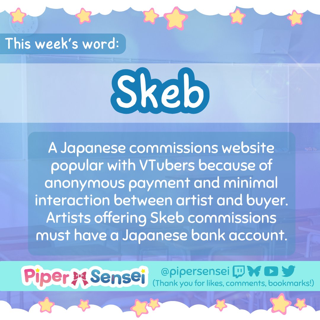 pipersensei's tweet image. ๐ This Week's Word! ๐ #VTuberterm
It's interesting how Skeb ended up being THE place for VTubers to get art of themselves ๐คญ
