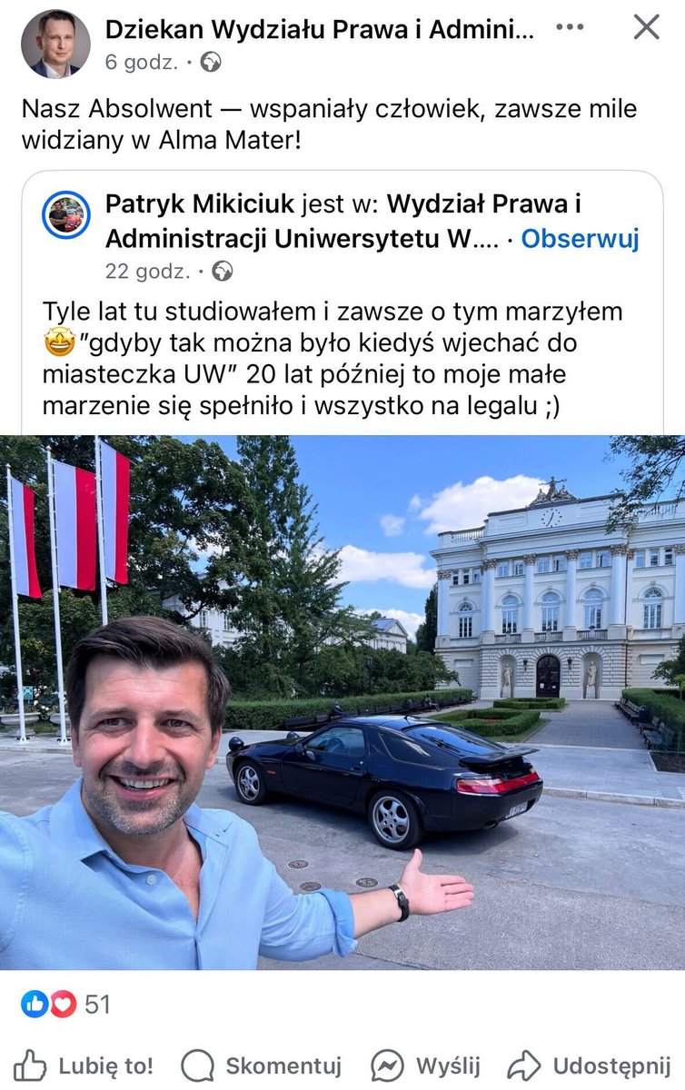 eryk_baczynski's tweet image. Czas płynie, ludzie dojrzewają, przestają głosować na Konfederacje, ale pewne rzeczy są niezmienne. Np. fiksacja władz mojego wydziału @WPiA_UW na punkcie tzw. luksusu i samochodzików. Rozjeżdżanie kampusu furka z dużym silniczkiem. Brawo! Dostaniesz nawet odznakę od dziekana. 🏅