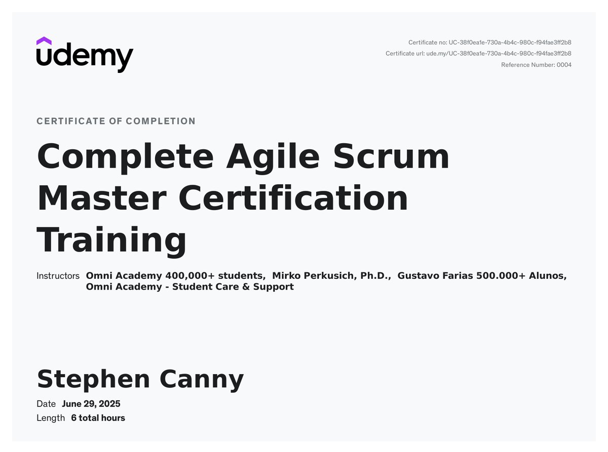 SteveCanny's tweet photo. My certificate for Agile Scrum Master Certification! https://t.co/GxxxpBbGtn