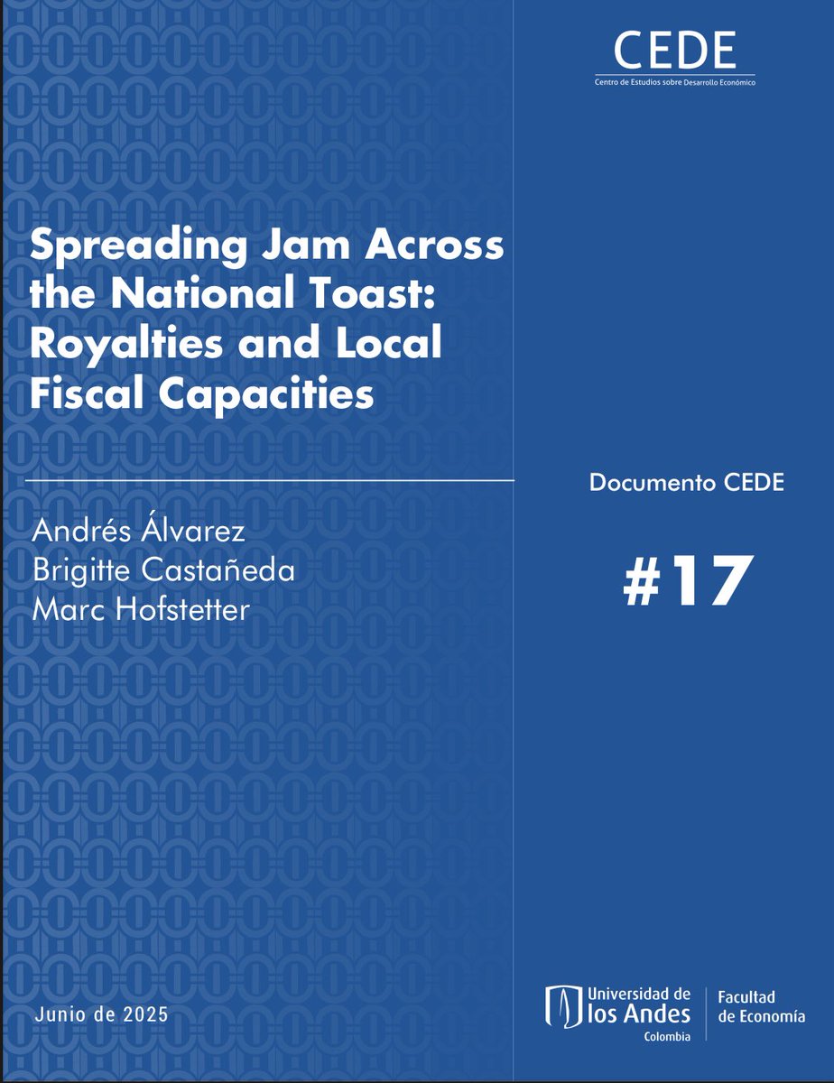 Brigitte Castañeda (@brigittecasro) on Twitter photo New working paper out!
“Spreading Jam Across the National Toast: Royalties and Local Fiscal Capacities” 
With <a href="/aalvarezgallo/">Andrés Álvarez</a> and <a href="/mahofste/">Marc Hofstetter</a> 
👉 ideas.repec.org/p/col/000089/0… 
Documento CEDE <a href="/EconomiaUAndes/">Economía Uniandes</a>. Short thread 🧵👇 New working paper out!
“Spreading Jam Across the National Toast: Royalties and Local Fiscal Capacities” 
With <a href="/aalvarezgallo/">Andrés Álvarez</a> and <a href="/mahofste/">Marc Hofstetter</a> 
👉 ideas.repec.org/p/col/000089/0… 
Documento CEDE <a href="/EconomiaUAndes/">Economía Uniandes</a>. Short thread 🧵👇