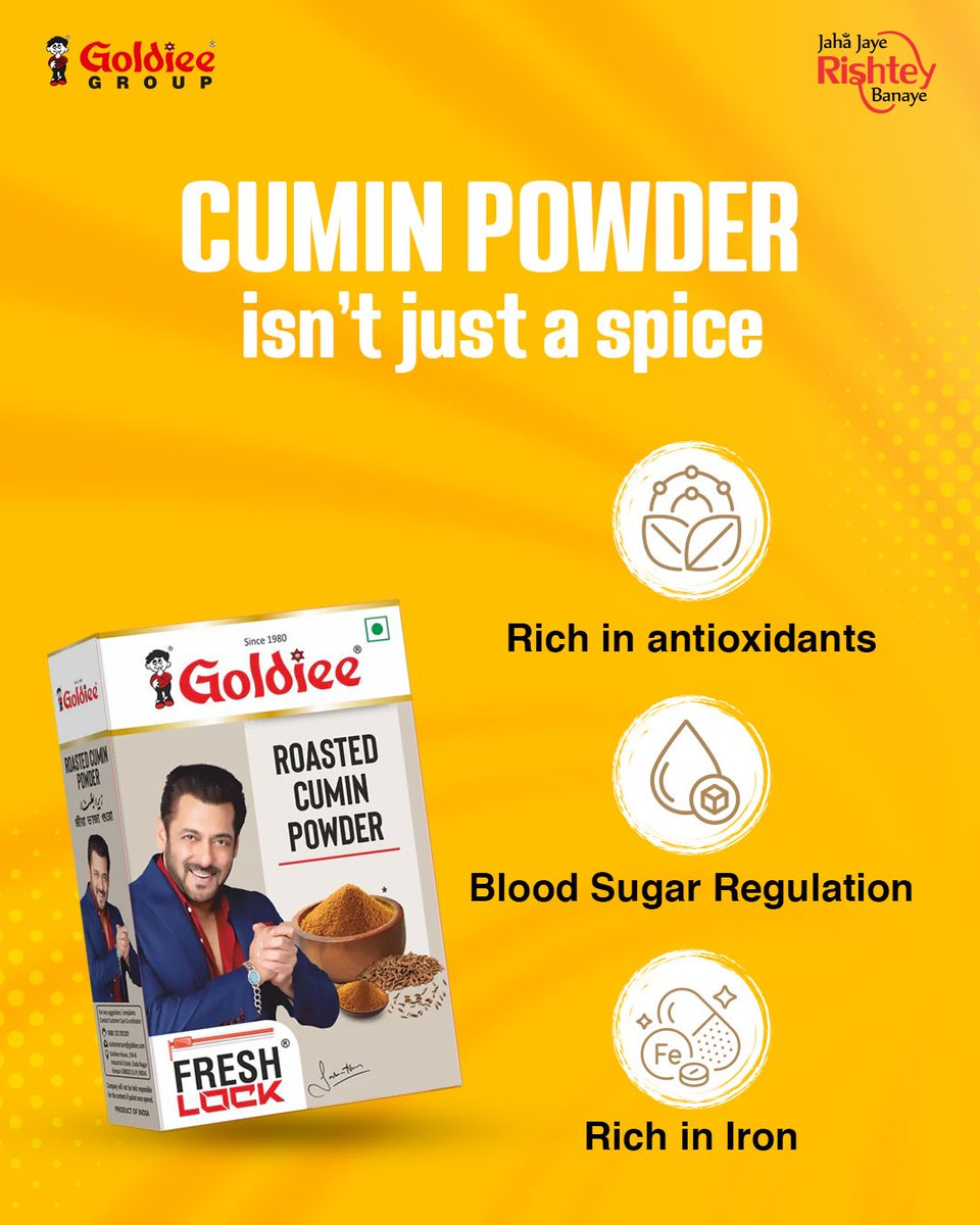 GoldieeGroup's tweet image. A daily dose of wellness in your spice rack!

#RoastedCuminPowder #Cumin #Jeera #Jeerapowder #Spice #HealthBenefits #Flavourful #GoldieeGroup #JahaJayeRishteyBanaye #HarGharGoldiee
