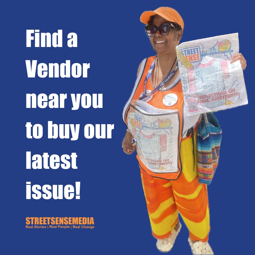 streetsensedc's tweet image. Remember to buy the current Street Sense Media paper before it sells out! Find a vendor near you to buy this issue!
Pictured: Street Sense Vendor Jacqueline Turner poses with this issue while selling to pedestrians on F Street.