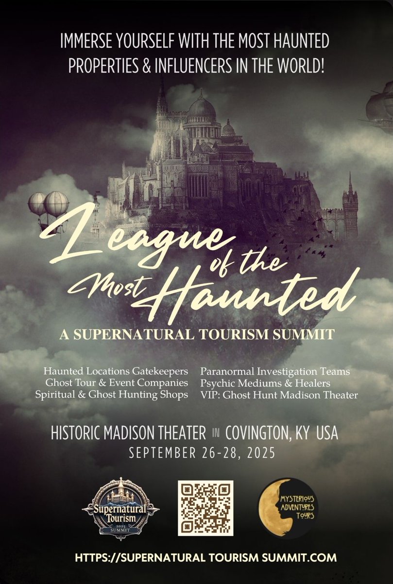 The Supernatural Tourism Summit is coming: a first-of-its-kind gathering for paranormal fans, haunted history lovers, &amp; mystical travelers.

📅 Sept 27–28, 2025
📍 Covington, KY
🎟️ HERE: zurl.co/YjCBx

#SupernaturalTourismSummit #HauntedTravel #ParanormalCommunity