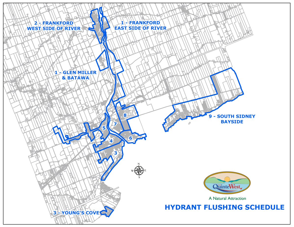 HYDRANT FLUSHING - JUNE 30 - JULY 4💧

💦Area #8 - June 30 - July 4 - Trenton east side of Trent River, north of Dixon Drive, east of Sidney Street

Flushing will be from 7:30 a.m. - 4:00 p.m., Monday to Thursday and 7:30 a.m. - 10:30 a.m. Fridays

Visit quintewest.ca/HydrantFlushing.