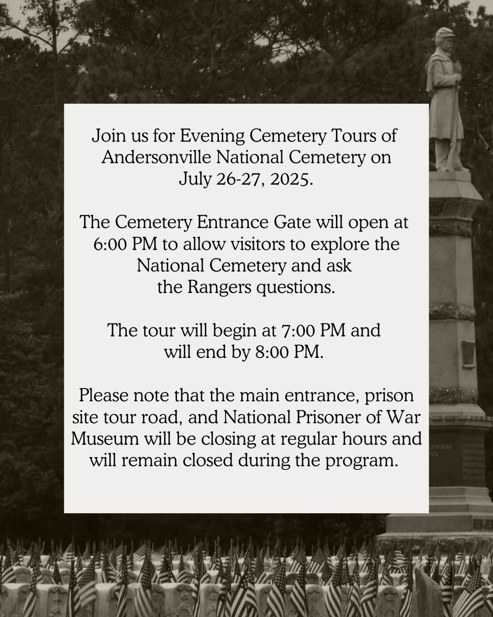 Join us July 26-27, 2025, for Evening Cemetery Tours of Andersonville National Cemetery!

#ANDE #NPS #EveningTours #Cemetery #AndersonvilleNationalCemetery #NationalParks #Andersonville #NationalCemetery #SpecialProgram #Evening #SecondSaturday