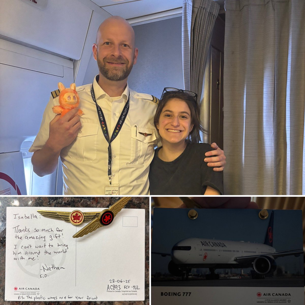 StuntmanStu's tweet photo. A pretty popular pastime is to crap on @AirCanada but this story needs to be shared. I love airplanes and asked if I could see the cockpit for a brief moment. I figured the answer would be no but they let me in (before we took off) and I had a cool conversation with the Captain and co-pilot and the, I believe he was the backup? 

Later my daughter also had a chance of meet co-pilot "Nathan" who was very nice. We experienced a wonderful flight back to Canada from Italy on AC893. 

If we can take the time to complain, we should also celebrate all the great customer service too! To all that worked on this flight, thank you!