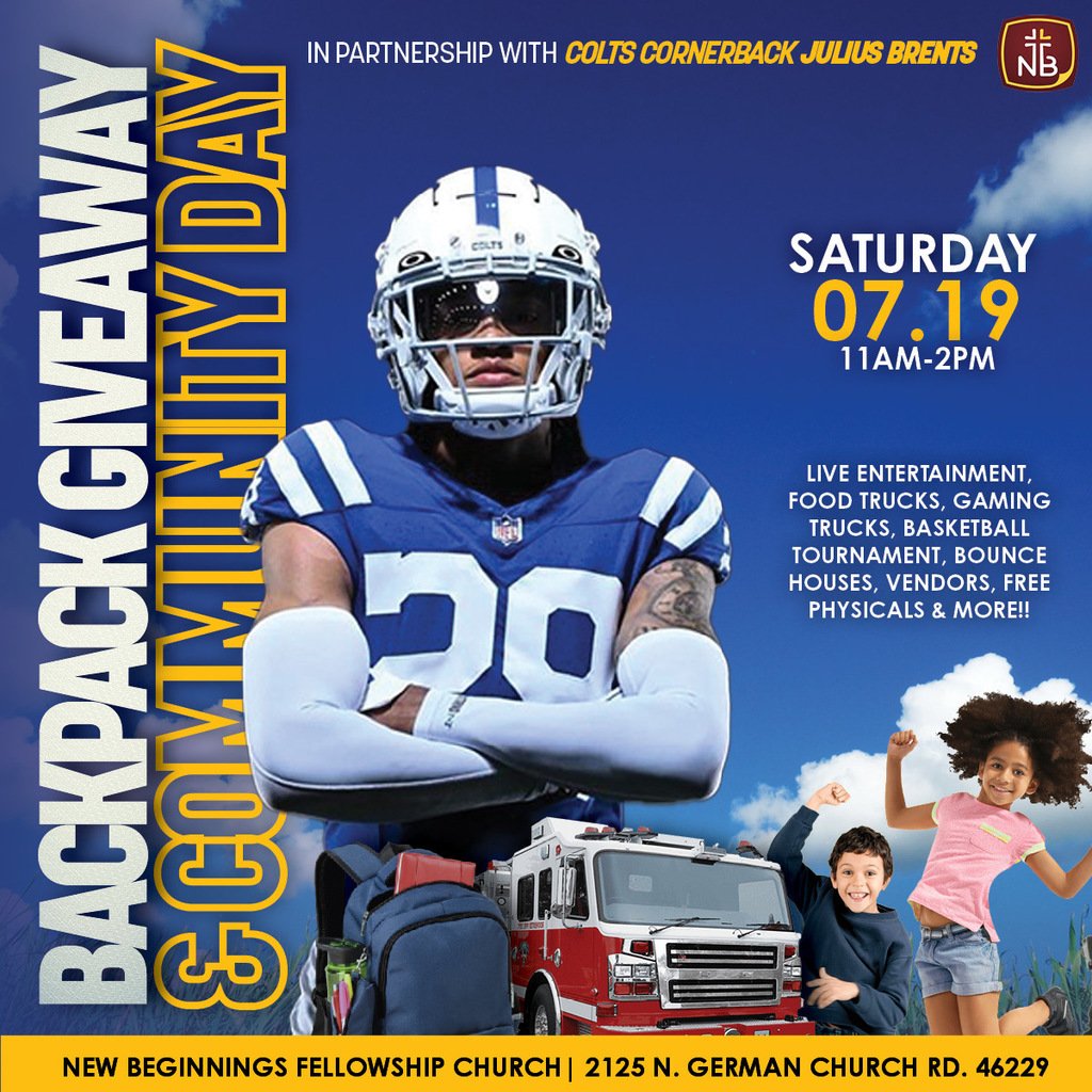 msdwarren's tweet photo. Don’t miss New Beginnings Fellowship Church’s Annual Community Day &amp; Backpack Giveaway with WC alumni &amp; Colts Cornerback Julius Brents! 📅 Sat, July 19 | 11AM–2PM | 2125 N. German Church Rd
Free backpacks, autographs, games, food, health physicals &amp; so much more! 💛 https://t.co/aV9aSnUshl