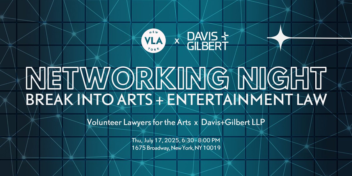 Join VLA's Associate Board for a Networking Reception at Davis+Gilbert LLP and connect with fellow professionals in arts, media, and entertainment law. 
RSVP @ ow.ly/6bNw50WhZqe