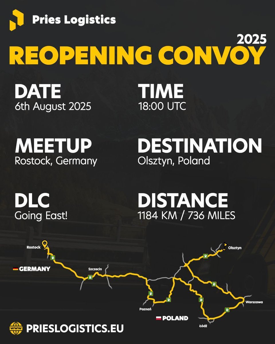 PriesLogistics's tweet photo. We want to celebrate our reopening of Pries Logistics of course also with a nice reopening convoy! You are all invited to join us on our first convoy after quite a while.

For more information join our Discord or head over to https://t.co/8TG7BKJFHb https://t.co/tqgFehV3uH