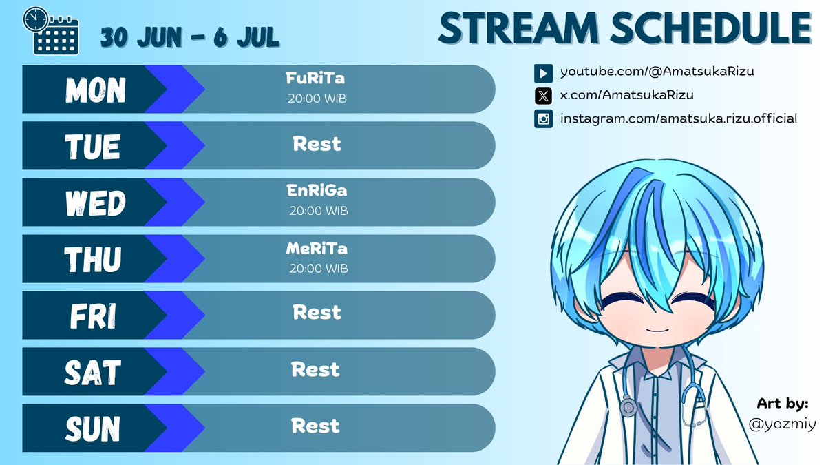 AmatsukaRizu's tweet photo. Ini Jadwalnya ya Amoreizu (30 Juni-22 6 Juli 2025)
Hashtag for Amatsuka Rizu
Art: #Amatsukart
Clips: #Clipinzu
Schedule: #RiZched
Education:#HealthRizz
Gaming: #Riplay
Shorts: #Rishorts
Livestream: #RiLive
Fans name: Amoreizu
Join server discord: https://t.co/d7Gkfz7kU1 https://t.co/3NdSuRQU02