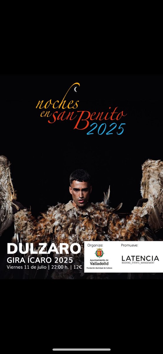 VALLADOLID!!!

Me hace muy feliz volver a casa , presentando mi primer disco ÍCARO 🪶.
Además habrá algunas sorpresas  😏

Nos vemos aquí: 

📆 Viernes 11 de julio 🕓 22:00 
📍 Hospedería de San Benito

Entradas: 
🎟️ f.mtr.cool/fsubnqhfct