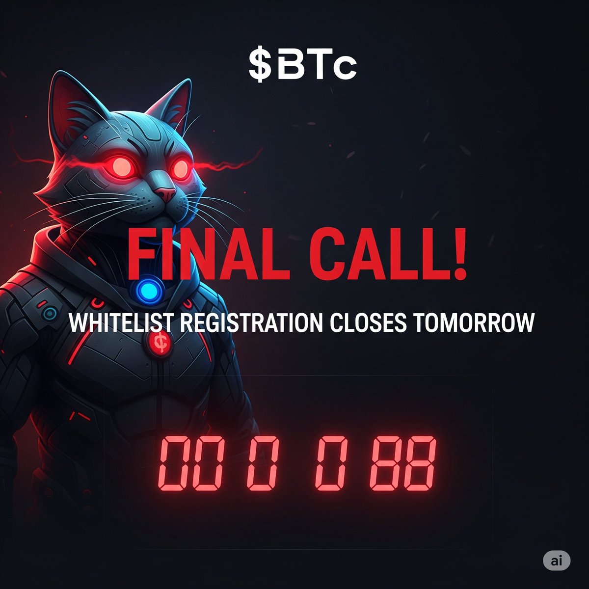 🚨 FINAL CALL! 🚨

Whitelist registration for the $BTc Presale CLOSES TOMORROW.

This is not a drill. This is your once-in-a-lifetime opportunity to get in on the ground floor of a movement. There will be nothing like this again.

👇
