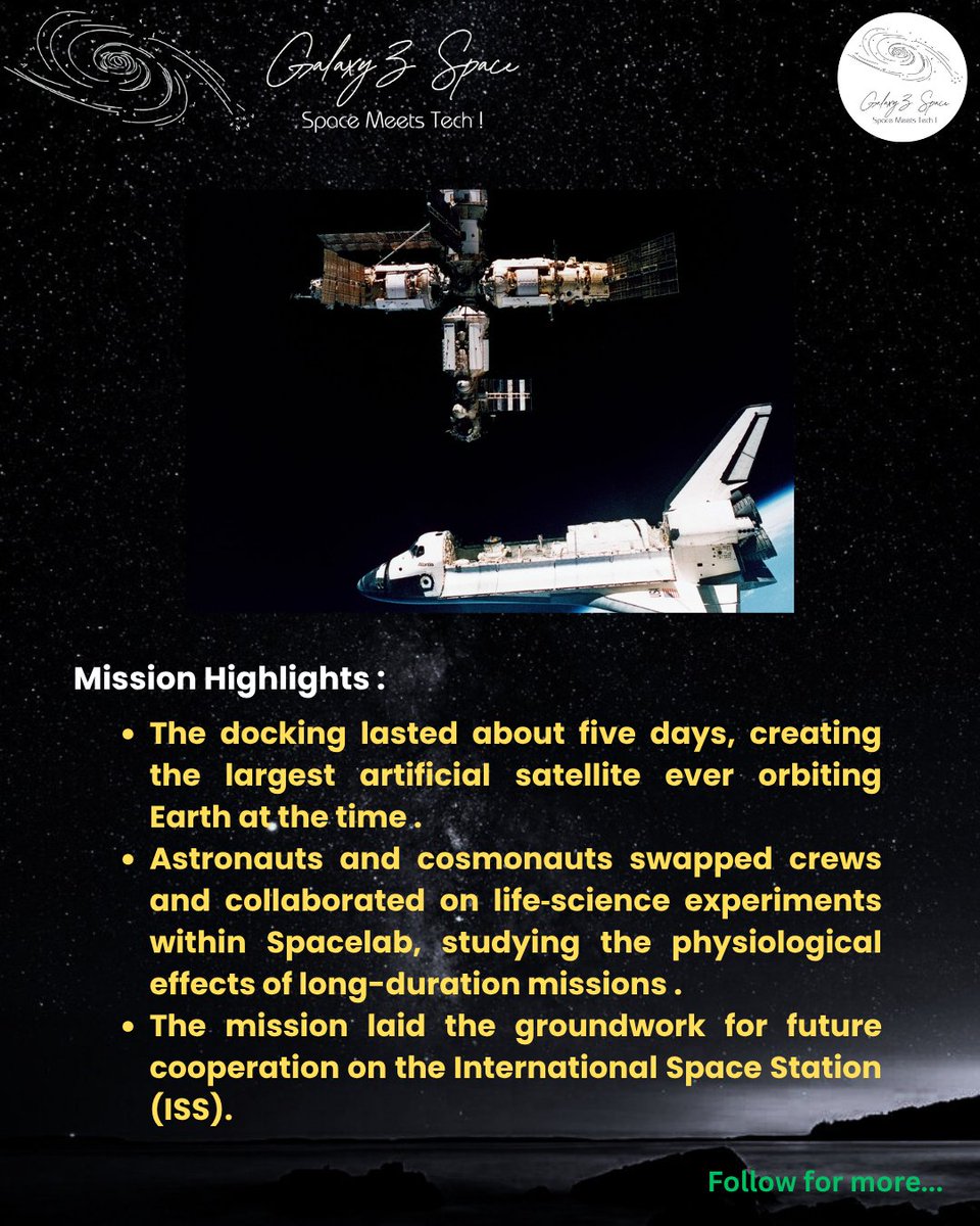 GalaxyZSpace's tweet photo. 🗓️On this day – June 29, 1995
Atlantis docked with Russia’s Mir station — the first US–Russia link-up in space! 🤝
A milestone that paved the way for the ISS. 🌍

#GalaxyZSpace #SpaceMeetsTech #OnThisDay #Space #docking #AeroSpace #news #Throwback #NASA #roscosmos #History https://t.co/ReGrmaByai