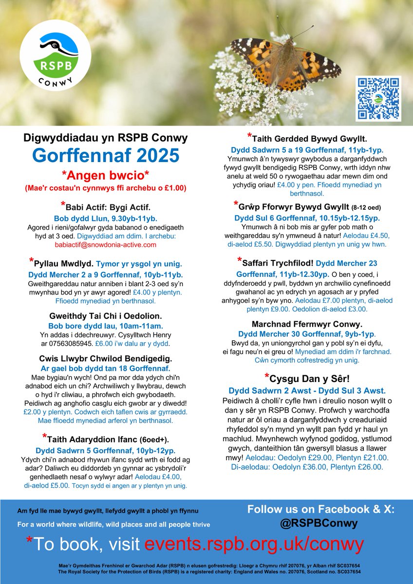 Beth sydd ymlaen ym mis Gorffennaf yn RSPB Conwy? 🦋

Cewch restr lawn o’n holl ddigwyddiadau yma 👉 bit.ly/3x36yDP