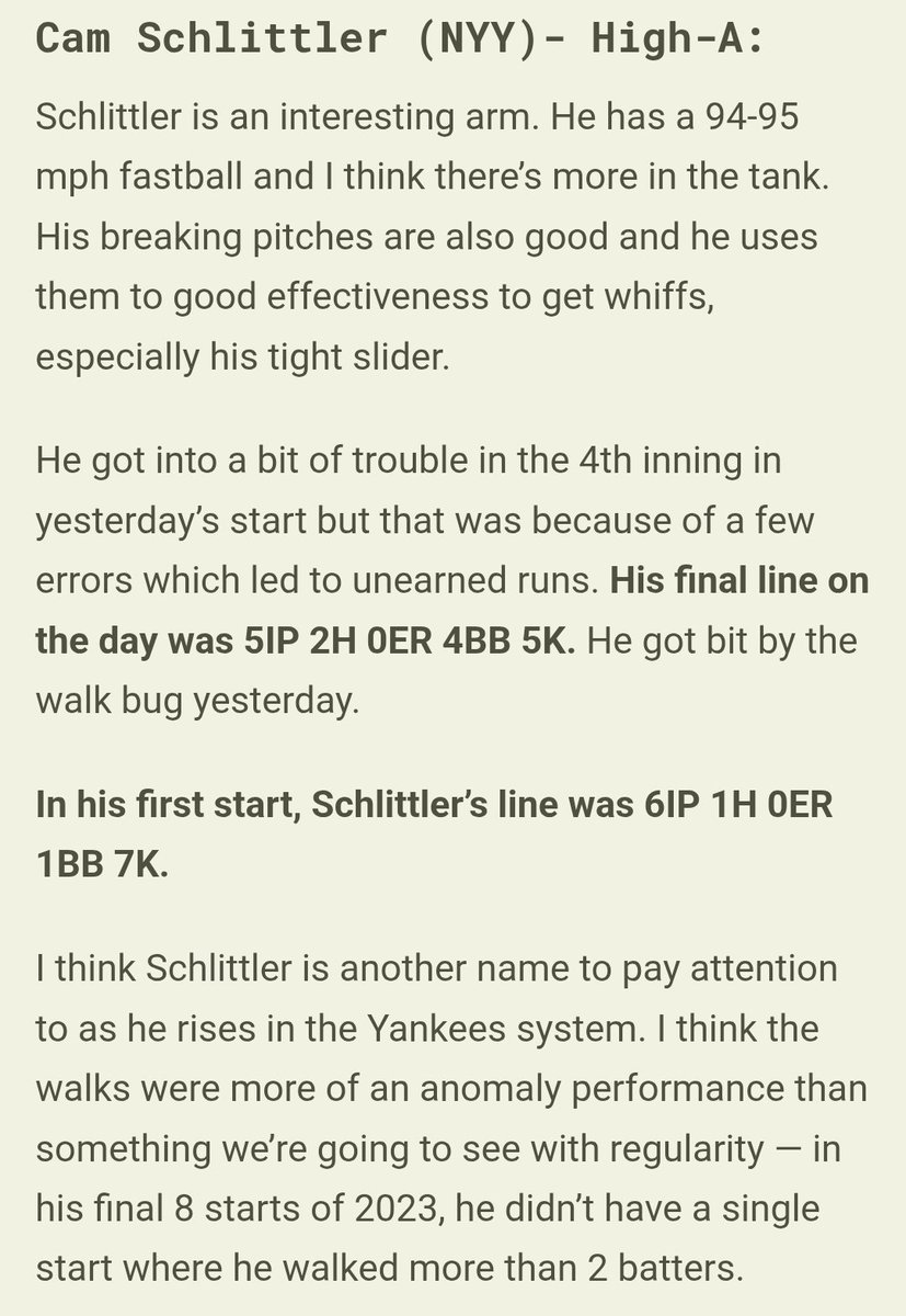 Prospect_Tilt's tweet image. Cam Schlittler is now a top 100 prospect according to @BaseballAmerica 🔥📈
Wrote this about Schlittler last year on April 15th of '24