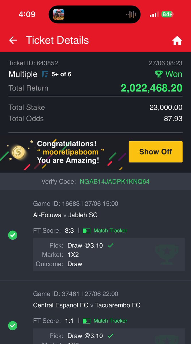 pelleragbede's tweet photo. Flex 9✅✅✅✅✅✅✅✅✅ of 11 1,243 ODDS &amp; 5/6 BOOOOOOOOOOM 💥💥💥💥💥💥💥💥🔥🔥🔥🔥🔥🔥🔥🚀🚀🚀🚀🚀🚀💯💯💯💯💼💼💼💼. Congratulations guys 🤝. 14.5 Million won 💼💼 @officialmoore7  doings this crazy massive congratulations to you. https://t.co/fSZr2U2DZf