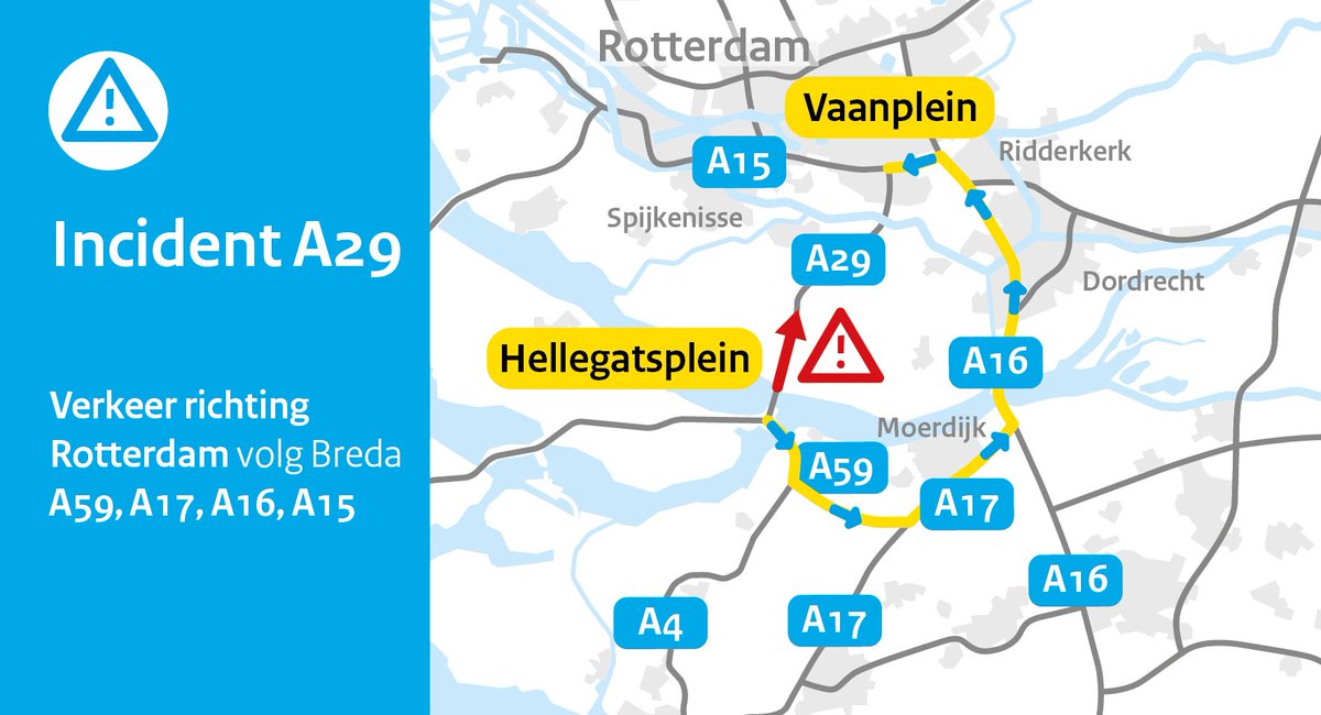 ⛔️ | De #A29 is bij de Heinenoordtunnel dicht in de richting van Rotterdam vanwege een ongeval. Hulpdiensten, waaronder een traumahelikopter zijn ter plaatse. Vertraging richting Rotterdam is 30 minuten, daarom hebben we een omleiding ingesteld vanaf knp. Hellegatsplein. 👇