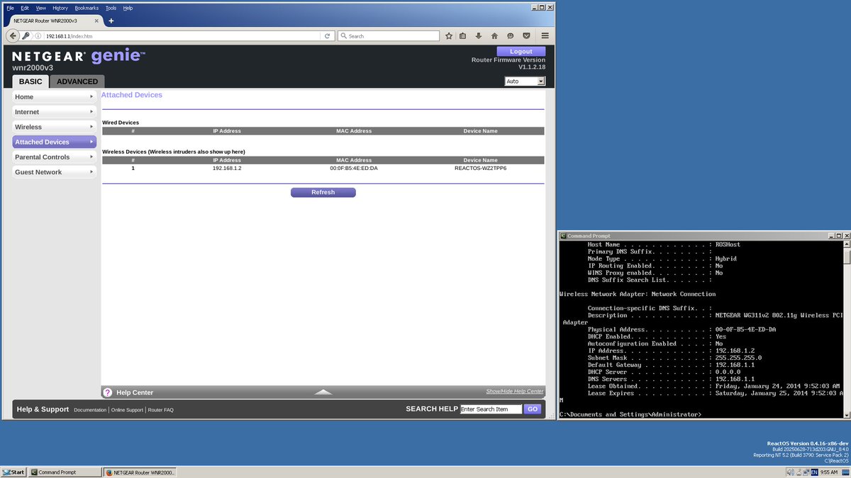 reactos's tweet image. Collaboration time!
Simone Lombardo found a bug in our NDIS driver and Herve Poussineau fixed it: Driver for NETGEAR WG311v2 PCI WiFi card now works on #ReactOS! Even router page could be accessed!!
See the before-after shots below.