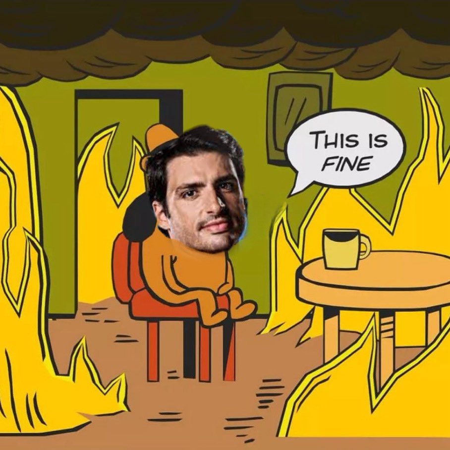 DFWF1Club's tweet photo. Carlos Sainz warming up the car like: 🔥 ‘Trust the process’

#ThisIsFine #F1 #SainzOnFire #AustrianGP https://t.co/evgVZXiK2K