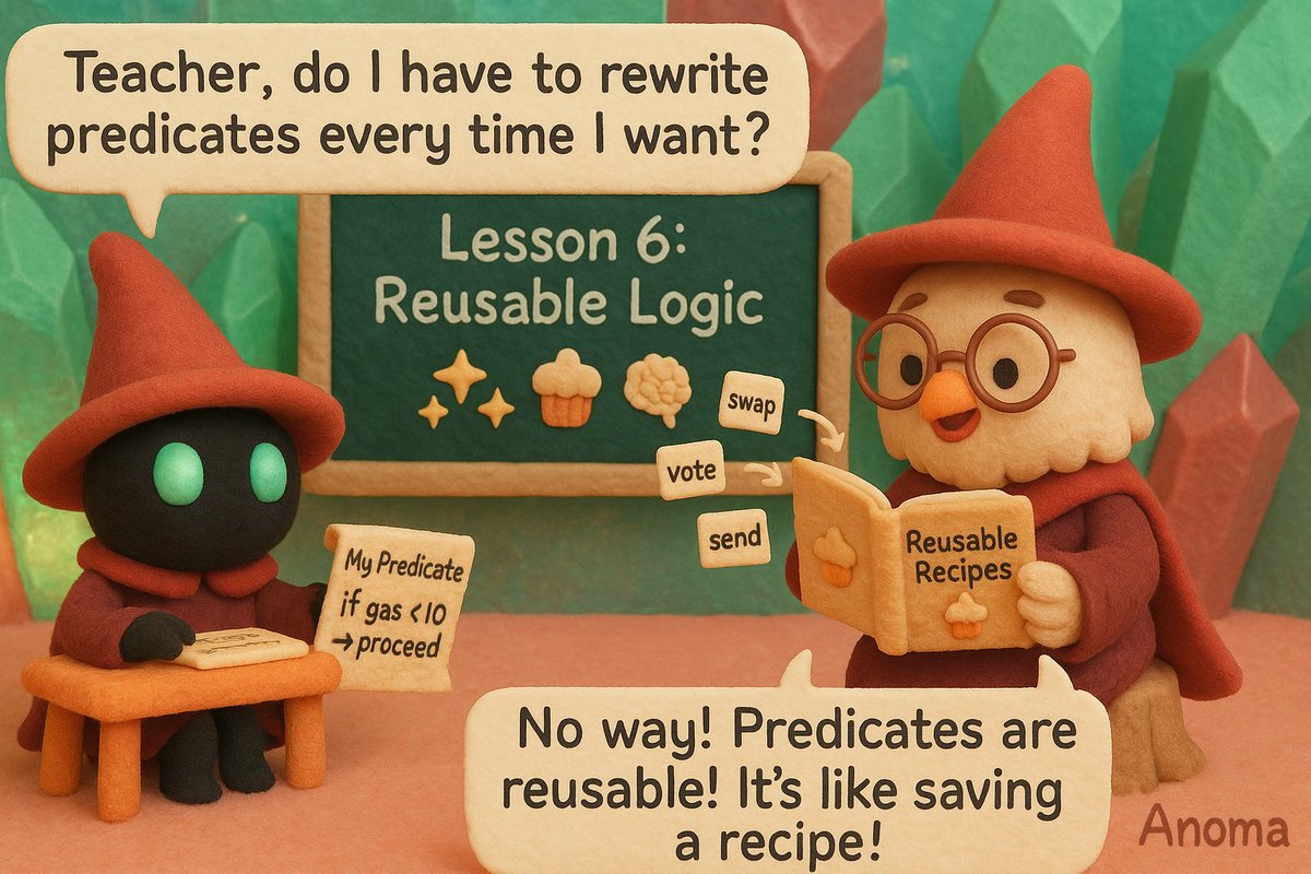 UwayMentality's tweet photo. 🧙: "Teacher, do I have to rewrite predicates every time I want to swap?"

🦉: "No way! Predicates are reusable! It's like saving a recipe: 'If gas is less than 10, then proceed' You can just paste it onto any intent you want"

Imagine predicates as smart filters.

Once you have a piece of logic like 'only swap if the rate is good' you can use it for all sorts of transactions:

💗 Swapping ETH
💗 Bartering NFTs
💗 Sending stablecoins
💗 Even voting

These predicates aren't dead code: they're reusable logic blocks that you can apply anywhere.

And because they can be combined, you can create increasingly complex logic without having to build a smart contract from scratch.

It's truly time-saving and gives you freedom to explore.

If you're curious, dive into the world of predicates with @anoma